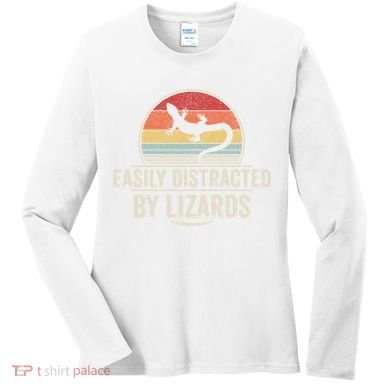 Retro Easily Distracted By Lizards Funny Lizard Lover Great Gift Women's Long Sleeve Shirt