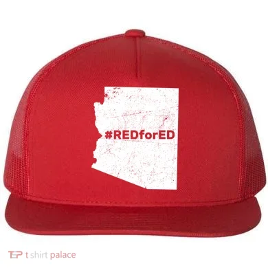 #RedForEd Distressed Red For Ed  Flat Bill Trucker Hat