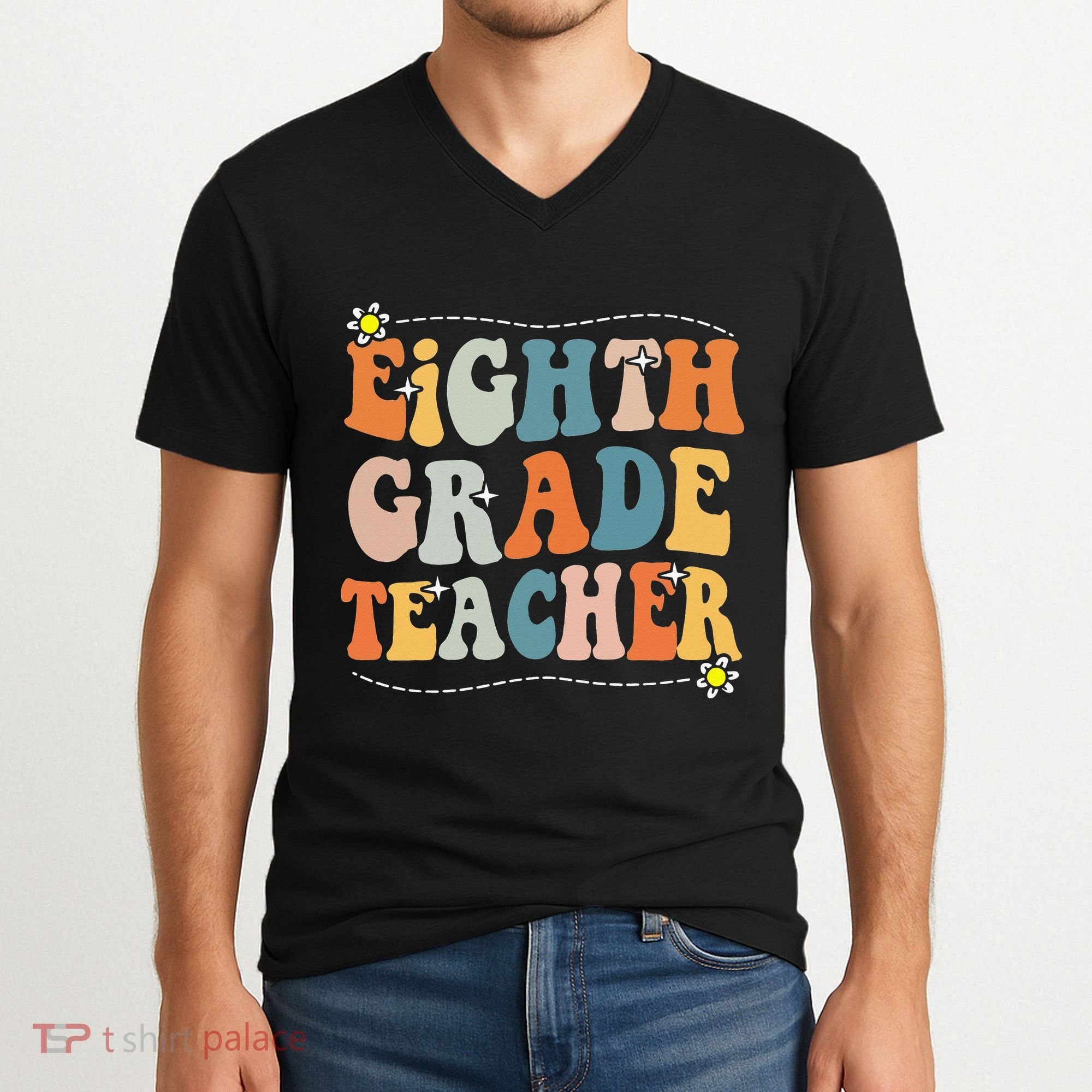 Retro Eighth Grade Teacher Funny 8th Grade Teacher Life V-Neck T-Shirt