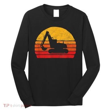 Retro Excavator & Sunset Vintage Construction Design Retro Long Sleeve Shirt