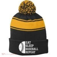 retro Eat Sleep Baseball Repeat Baseball Player Stripe Pom Pom Beanie thumb 0