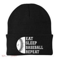 retro Eat Sleep Baseball Repeat Baseball Player Beanie thumb 0