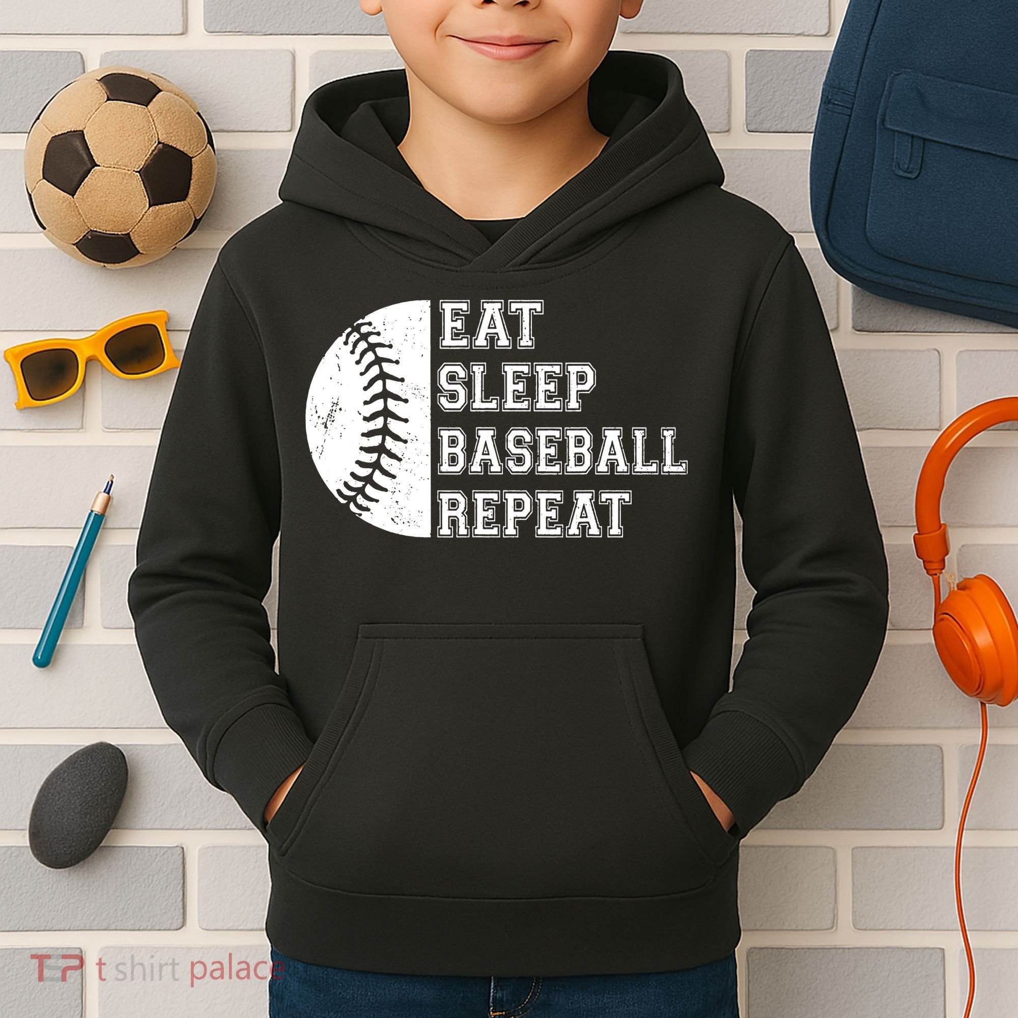 retro Eat Sleep Baseball Repeat Baseball Player Kids Hoodie