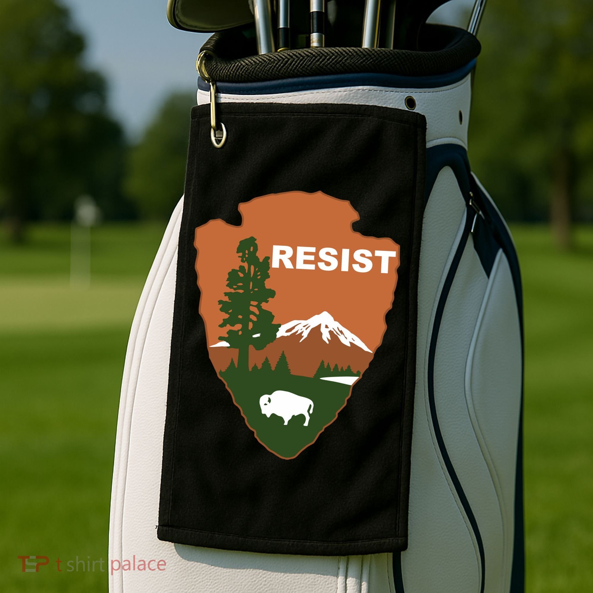 Resist. Earth DayNational Park Rangers Spoof Logo Golf Towel
