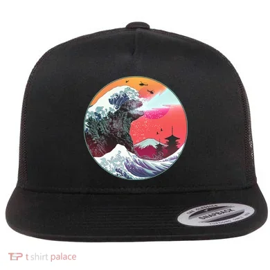 Retro 80's Godzilla Attack Wave Flat Bill Trucker Hat