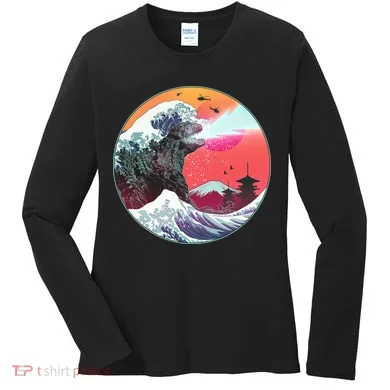 Retro 80's Godzilla Attack Wave Women's Long Sleeve Shirt
