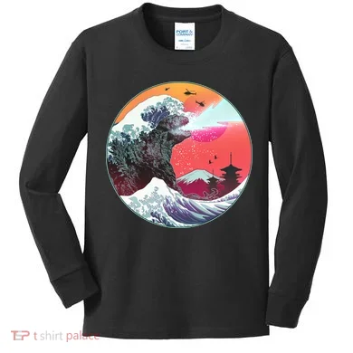Retro 80's Godzilla Attack Wave Kids Long Sleeve Shirt