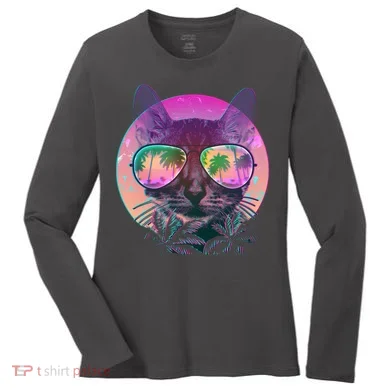 Retro 80s Tropical Cat Women's Long Sleeve Shirt