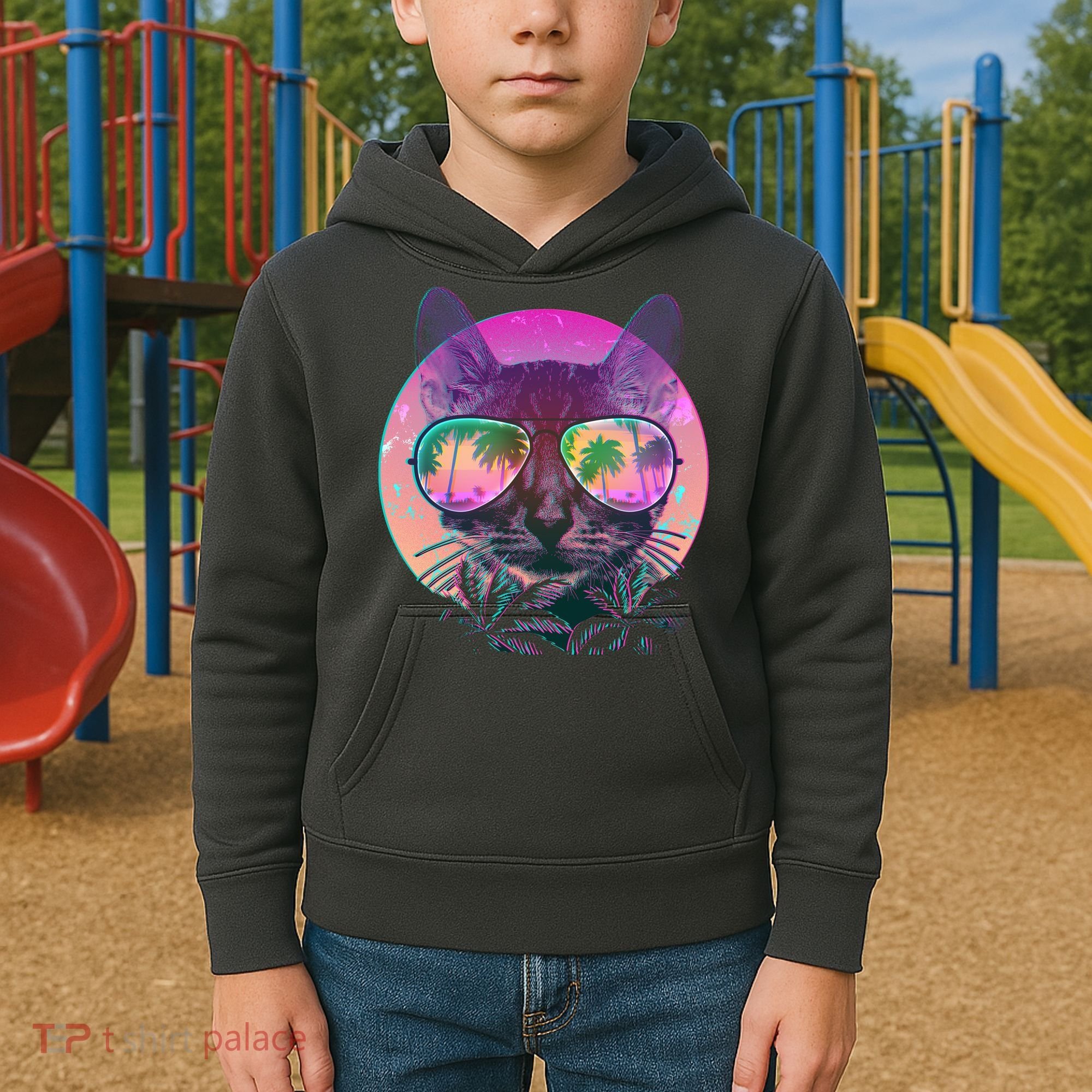 Retro 80s Tropical Cat Kids Hoodie