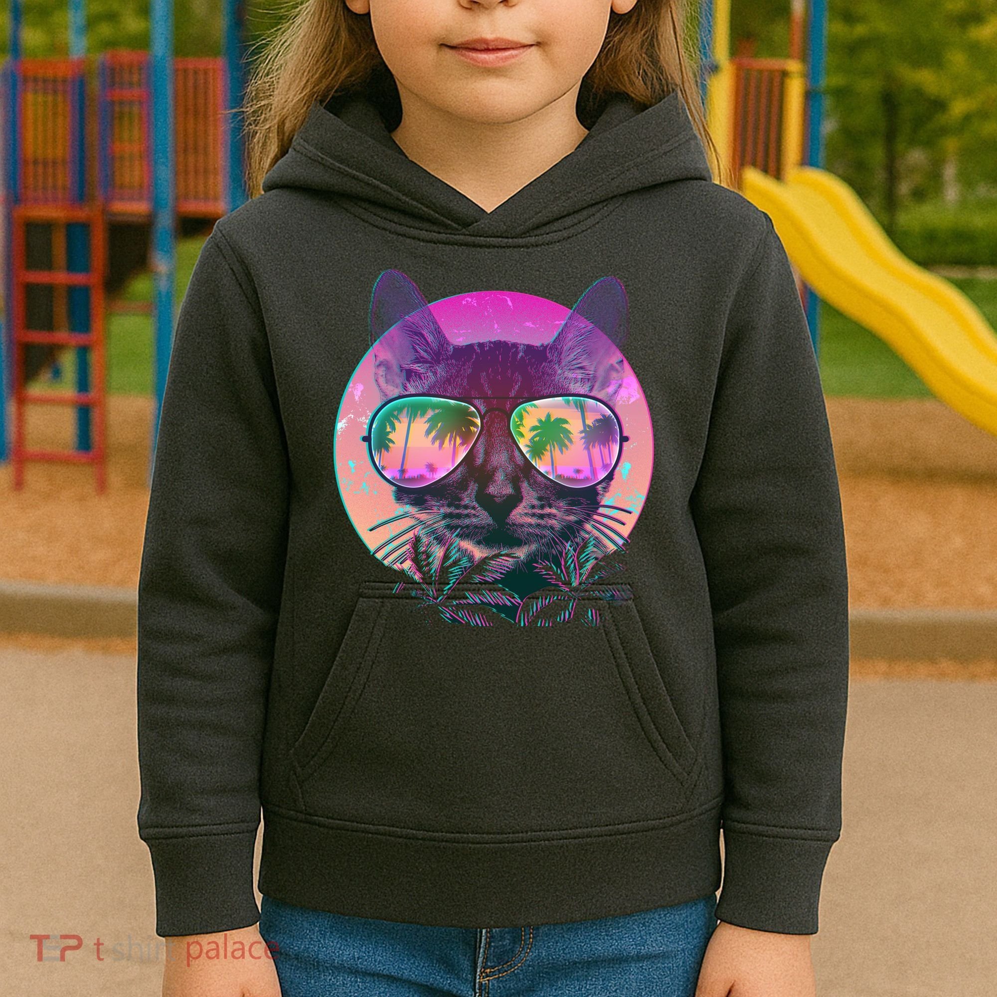 Retro 80s Tropical Cat Kids Hoodie
