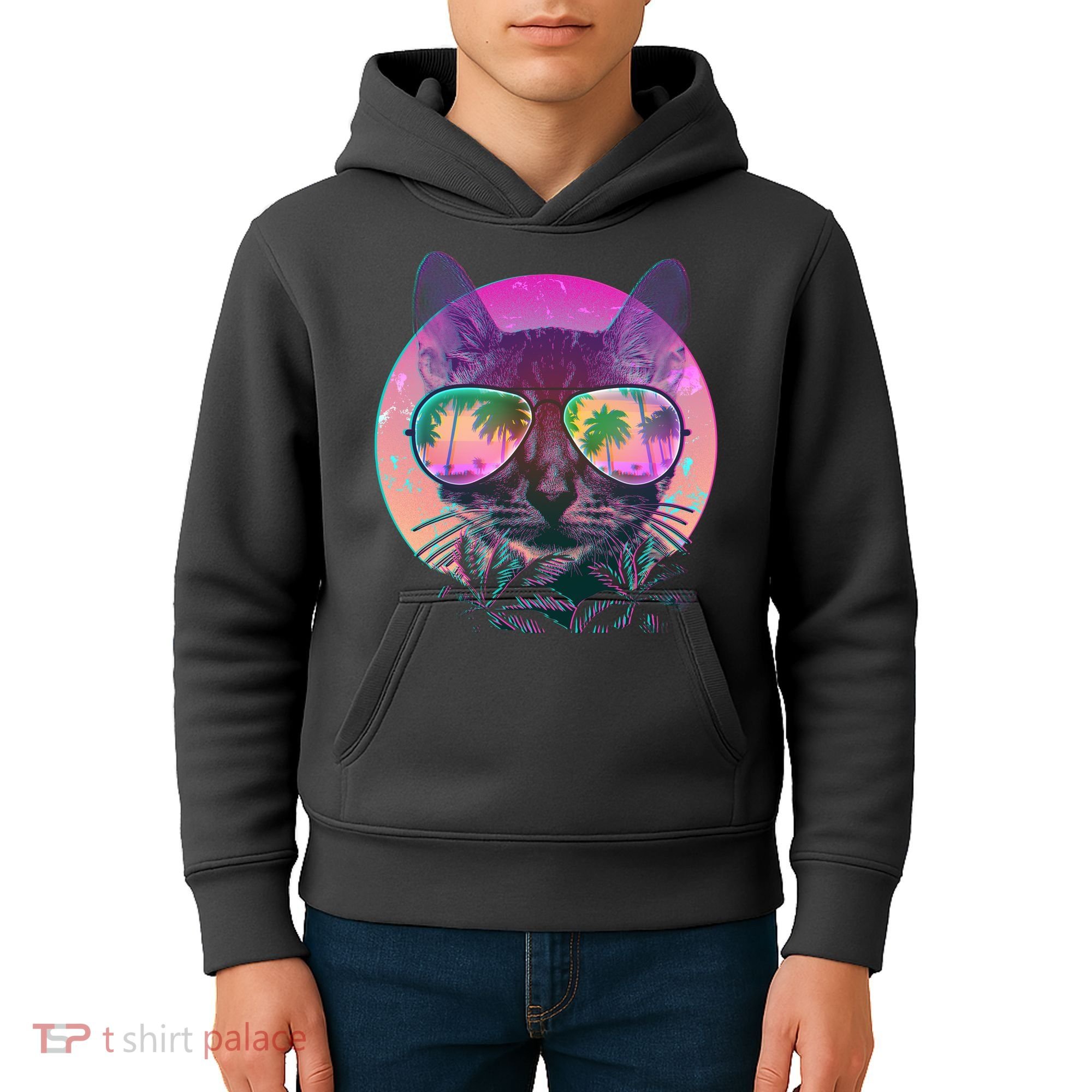 Retro 80s Tropical Cat Kids Hoodie