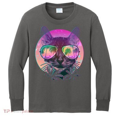 Retro 80s Tropical Cat Kids Long Sleeve Shirt