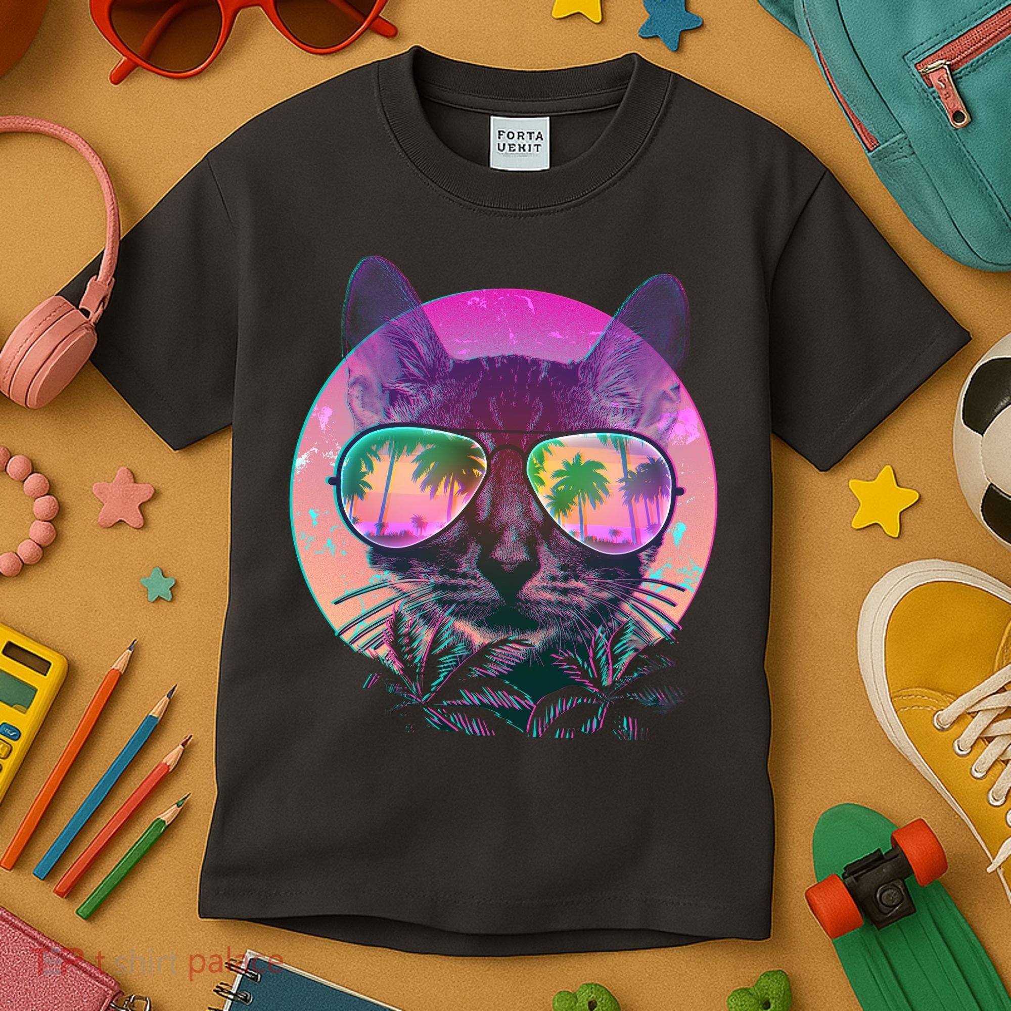 Retro 80s Tropical Cat Kids T-Shirt