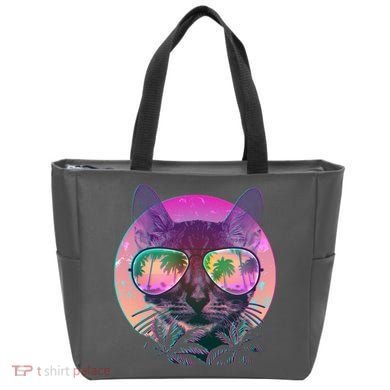 Retro 80s Tropical Cat Tote Bag