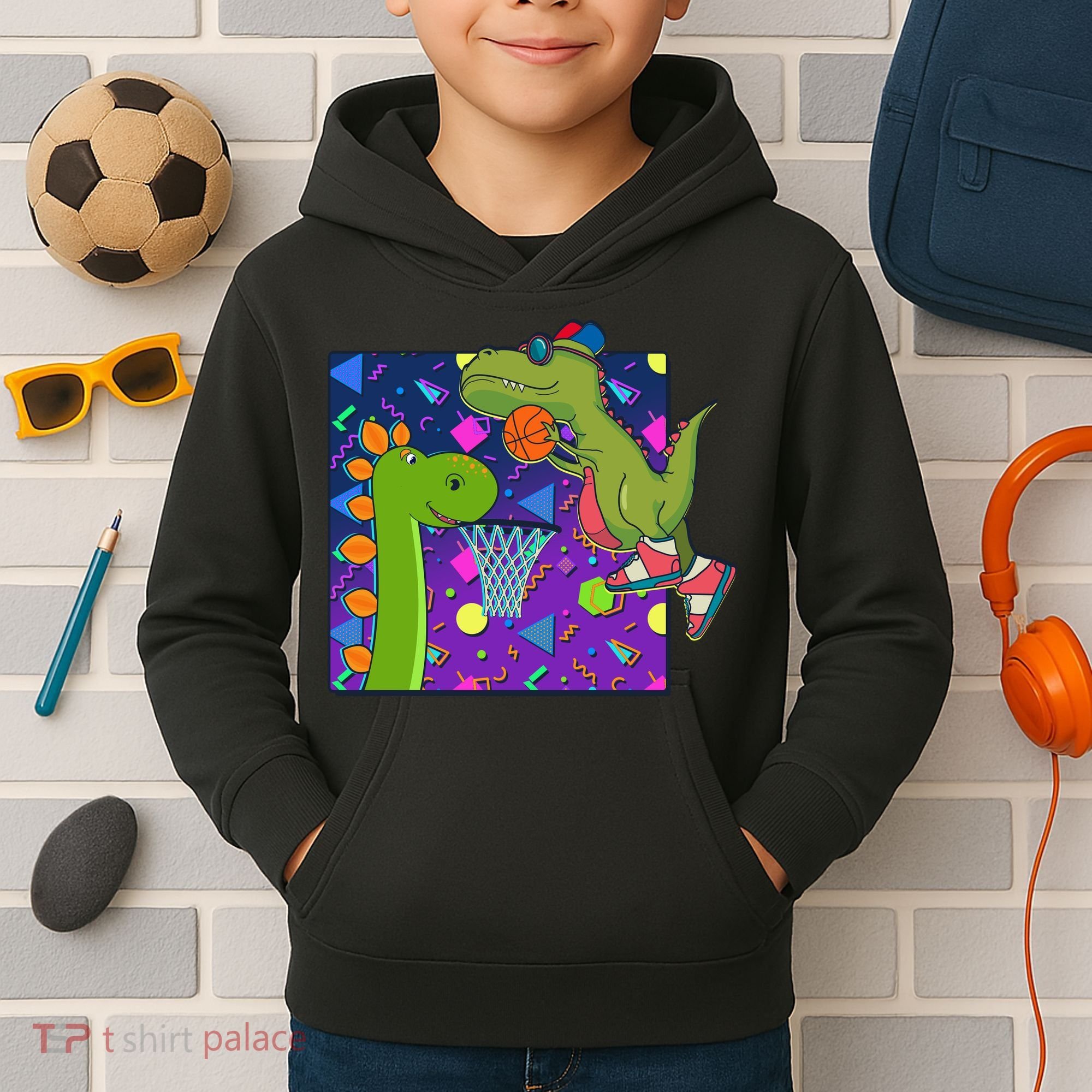 Retro 90's Basketball Dinosaurs Kids Hoodie