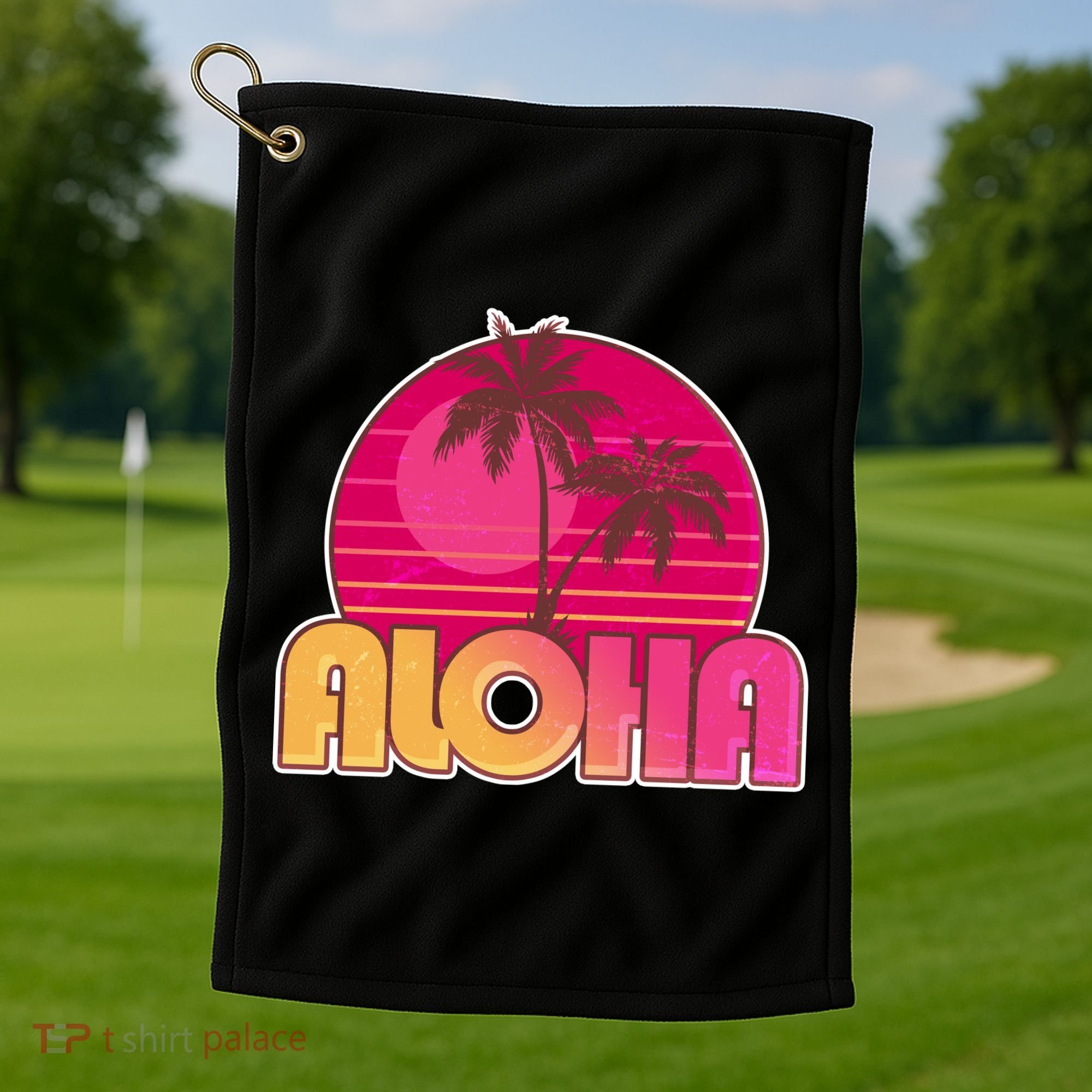 Retro Aloha Summer Fun Pink Logo Golf Towel