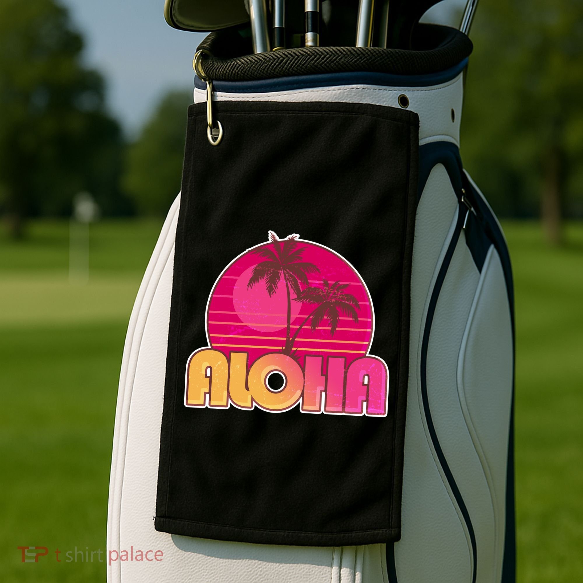 Retro Aloha Summer Fun Pink Logo Golf Towel
