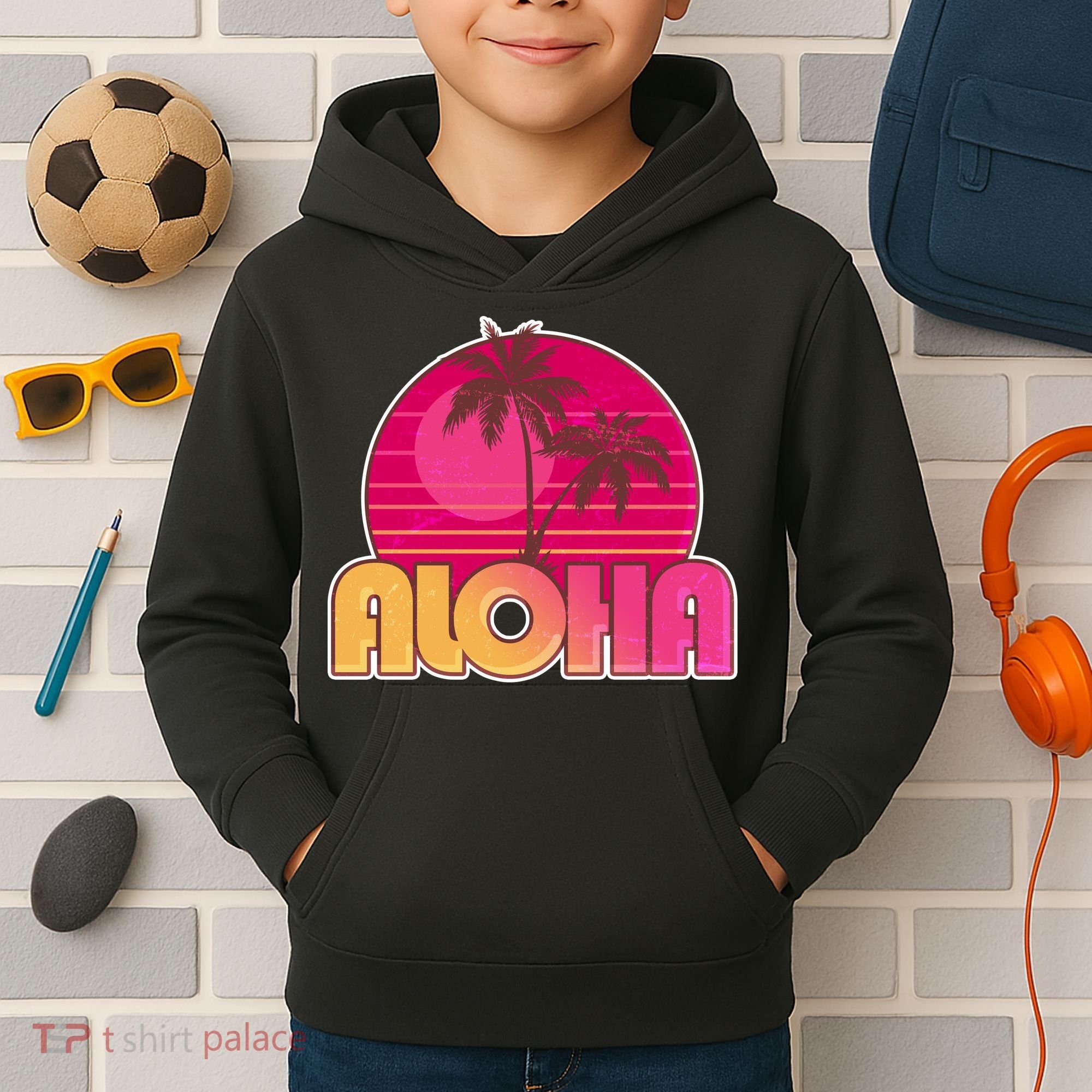 Retro Aloha Summer Fun Pink Logo Kids Hoodie
