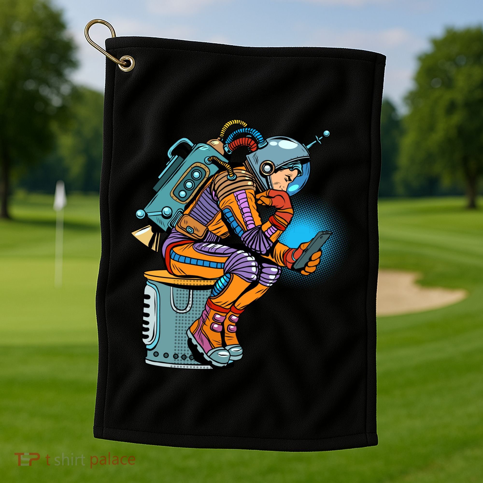 Retro Astronaut With Smartphone Golf Towel