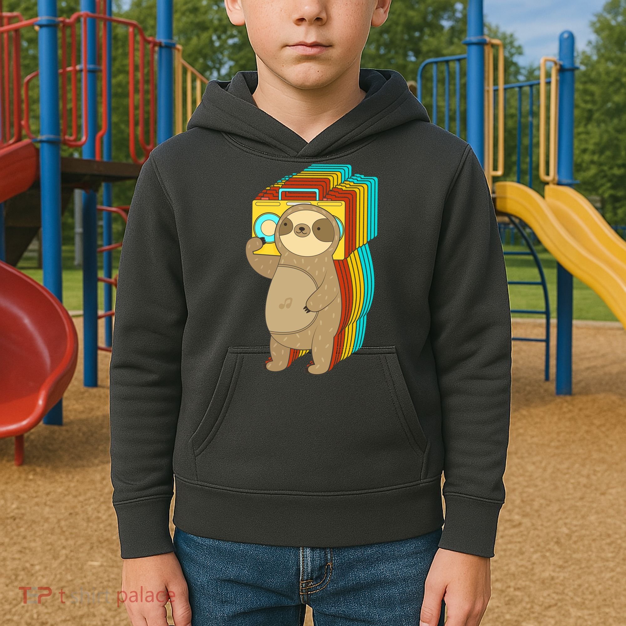 Retro Boombox Sloth Kids Hoodie