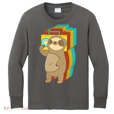 Retro Boombox Sloth Kids Long Sleeve Shirt