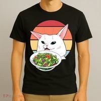 Retro Confused Cat At Dinner Table Meme T-Shirt thumb 3
