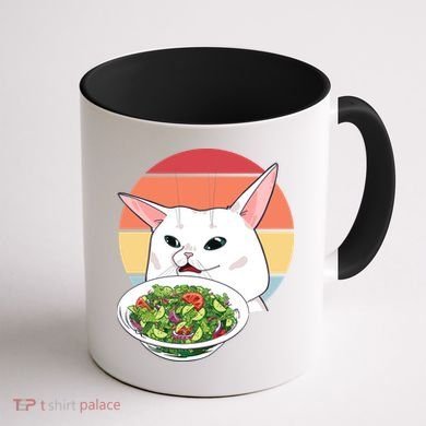 Retro Confused Cat At Dinner Table Meme Coffee Mug back