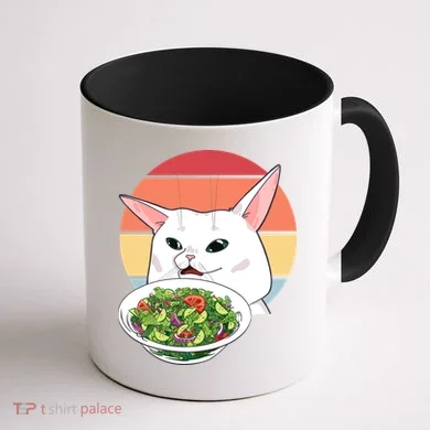 Retro Confused Cat At Dinner Table Meme Coffee Mug back