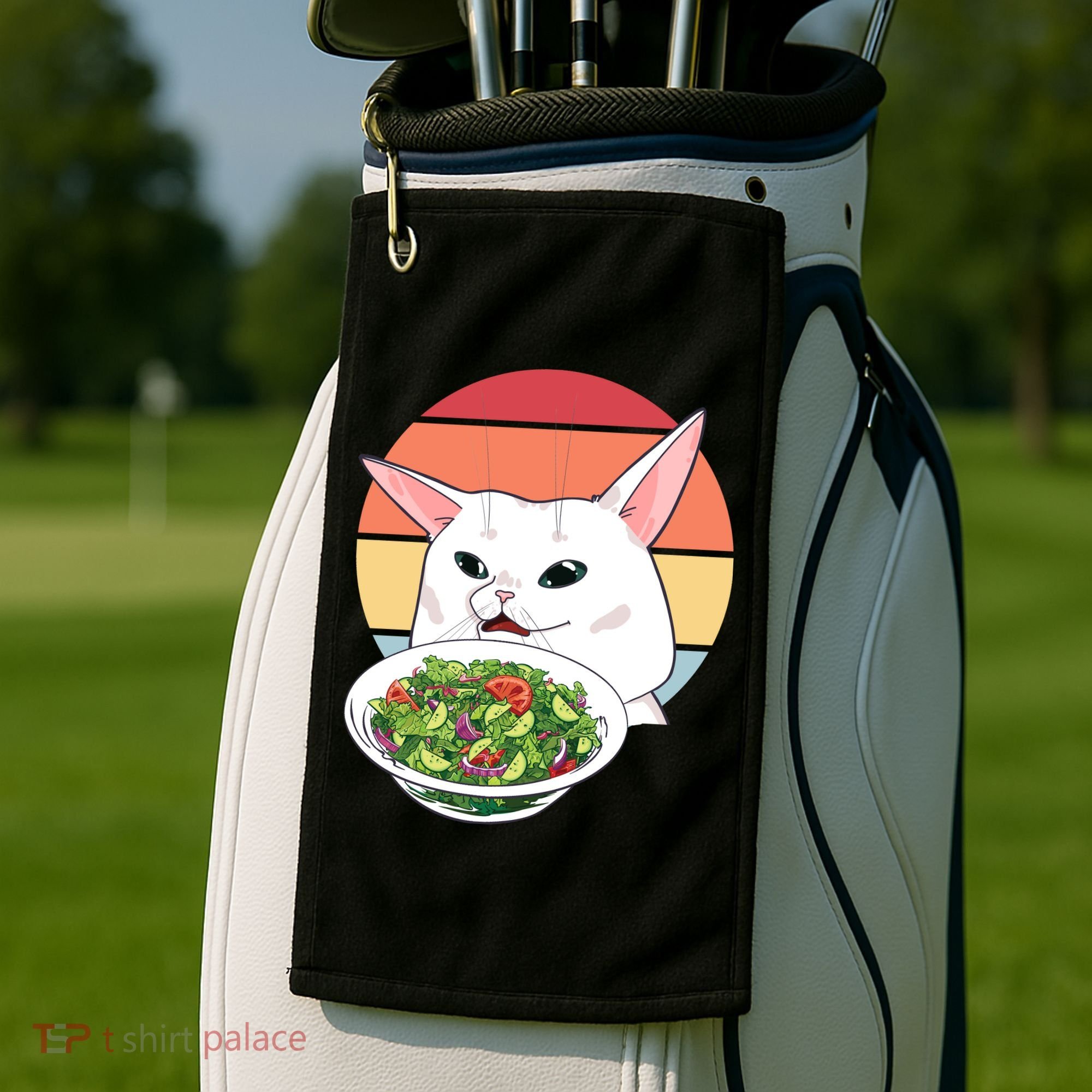 Retro Confused Cat At Dinner Table Meme Golf Towel