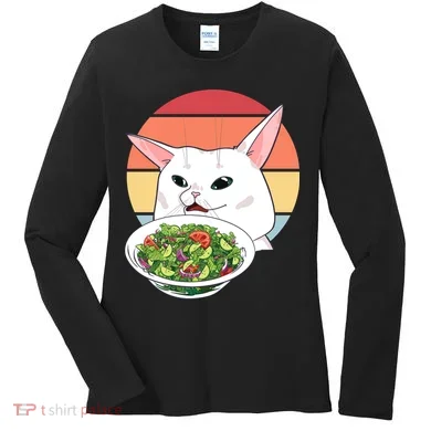 Retro Confused Cat At Dinner Table Meme Women's Long Sleeve Shirt