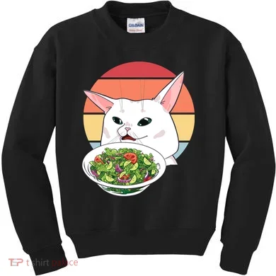 Retro Confused Cat At Dinner Table Meme Kids Sweatshirt