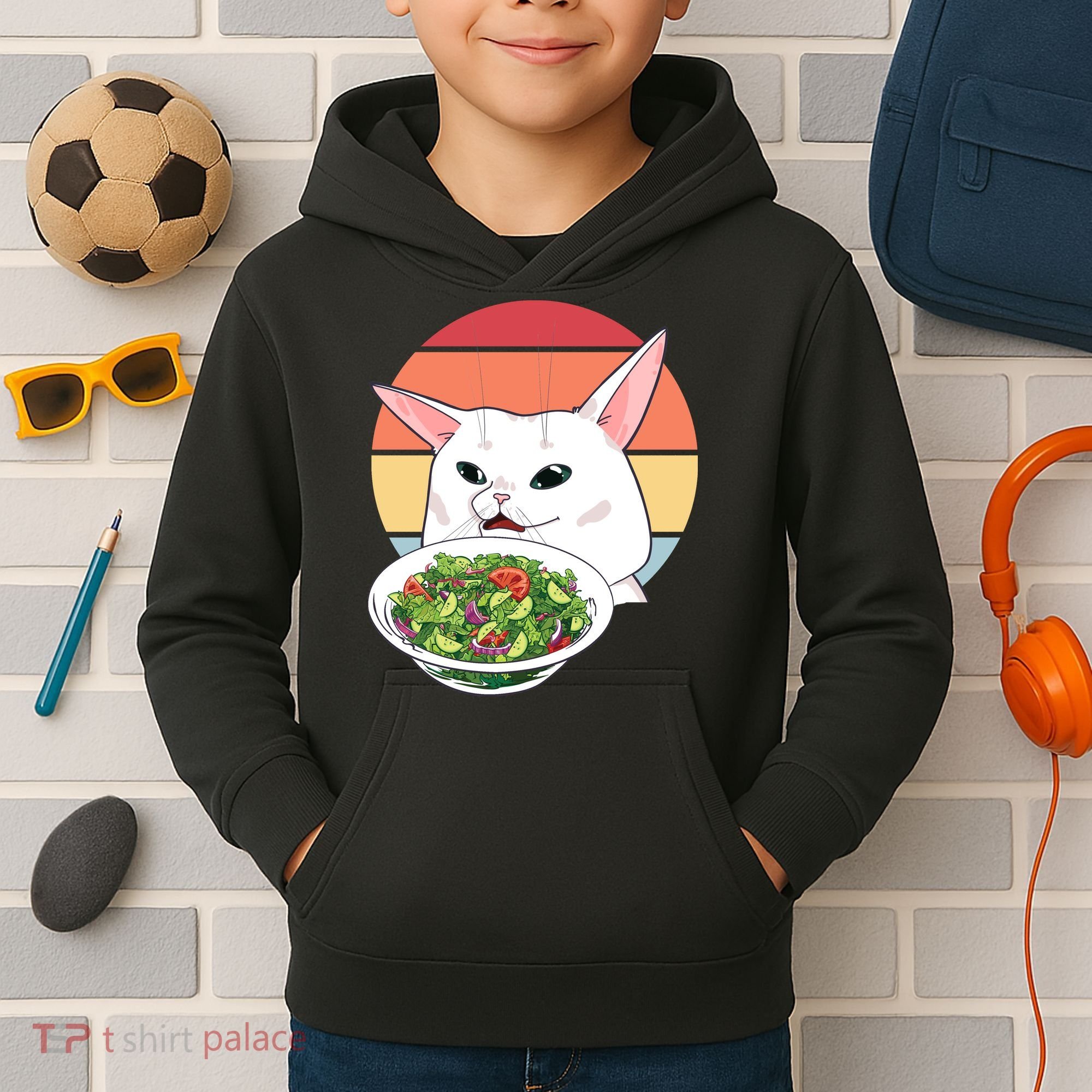 Retro Confused Cat At Dinner Table Meme Kids Hoodie