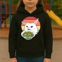 Retro Confused Cat At Dinner Table Meme Kids Hoodie thumb 3