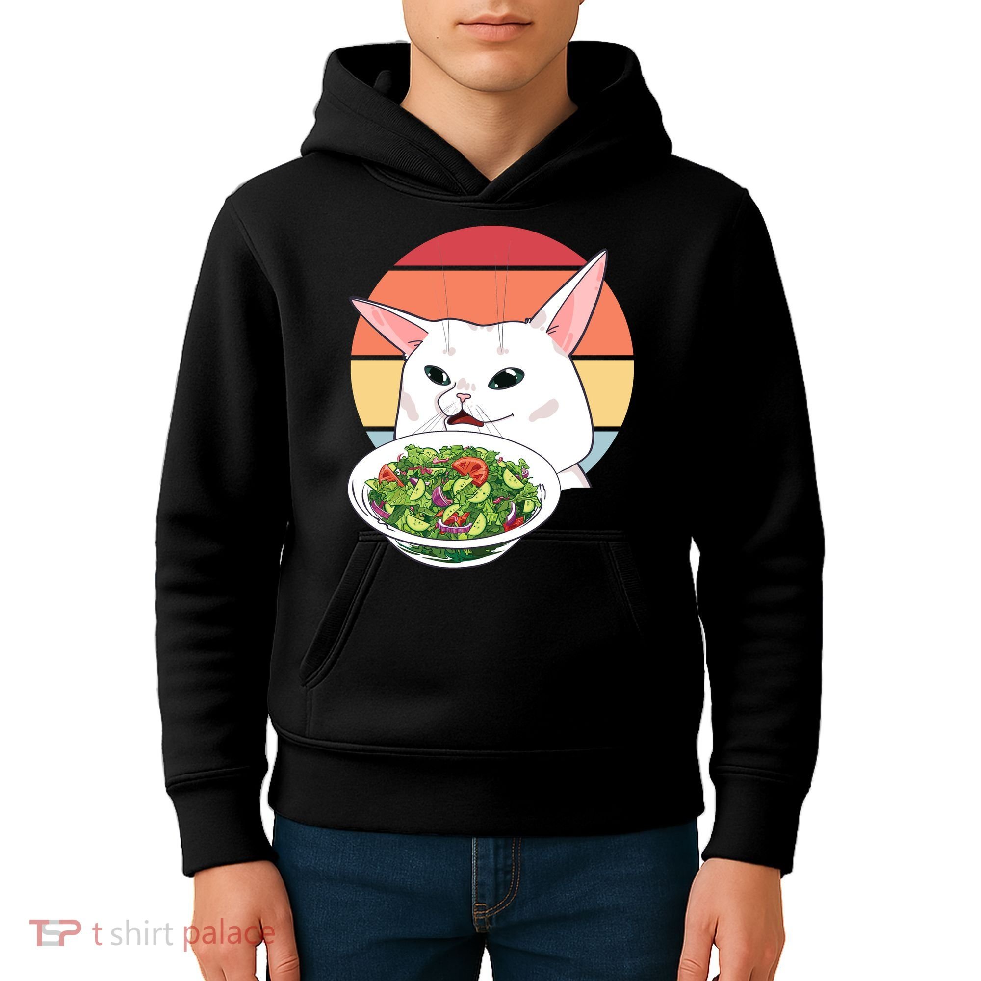 Retro Confused Cat At Dinner Table Meme Kids Hoodie