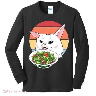 Retro Confused Cat At Dinner Table Meme Kids Long Sleeve Shirt
