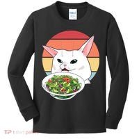 Retro Confused Cat At Dinner Table Meme Kids Long Sleeve Shirt thumb 0