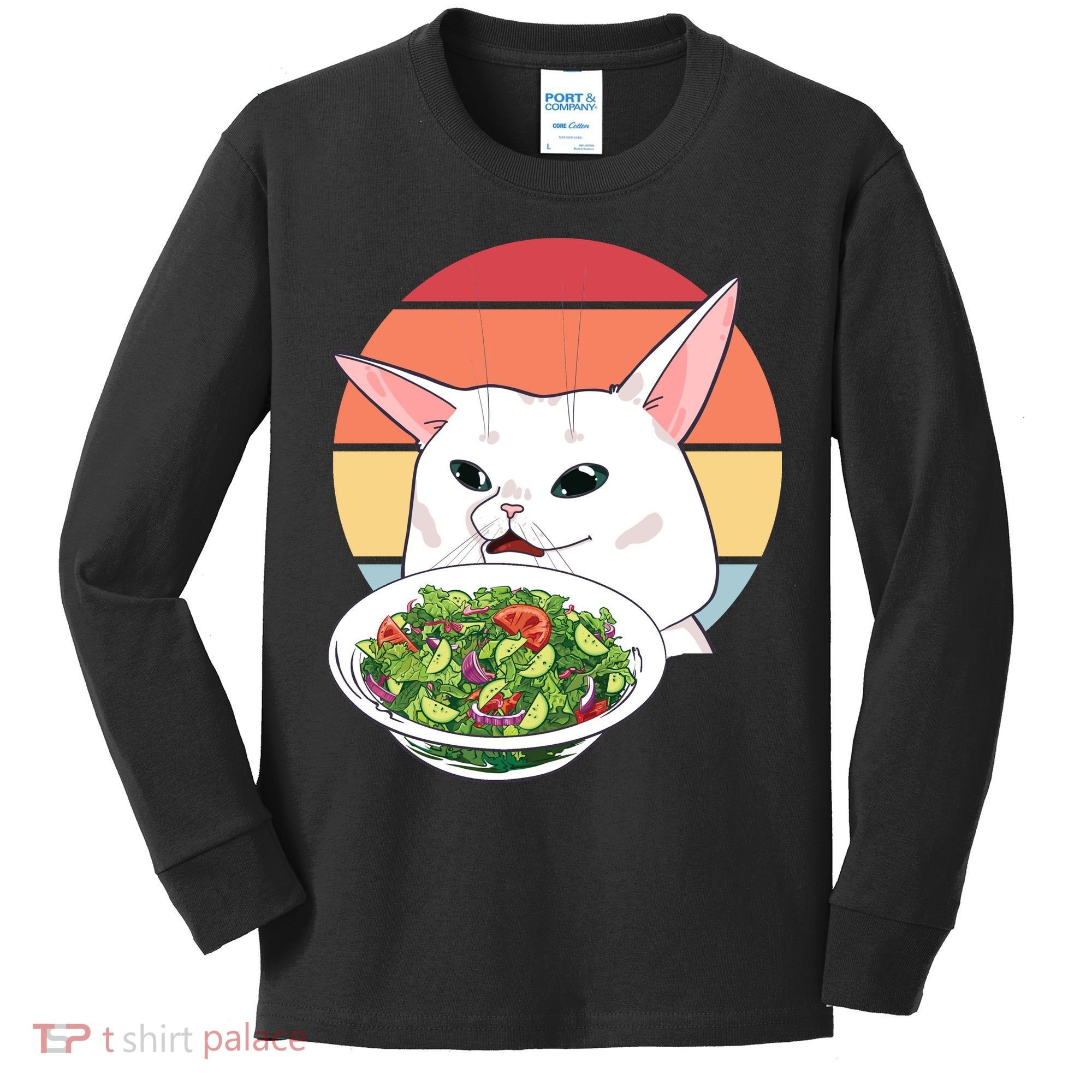 Retro Confused Cat At Dinner Table Meme Kids Long Sleeve Shirt