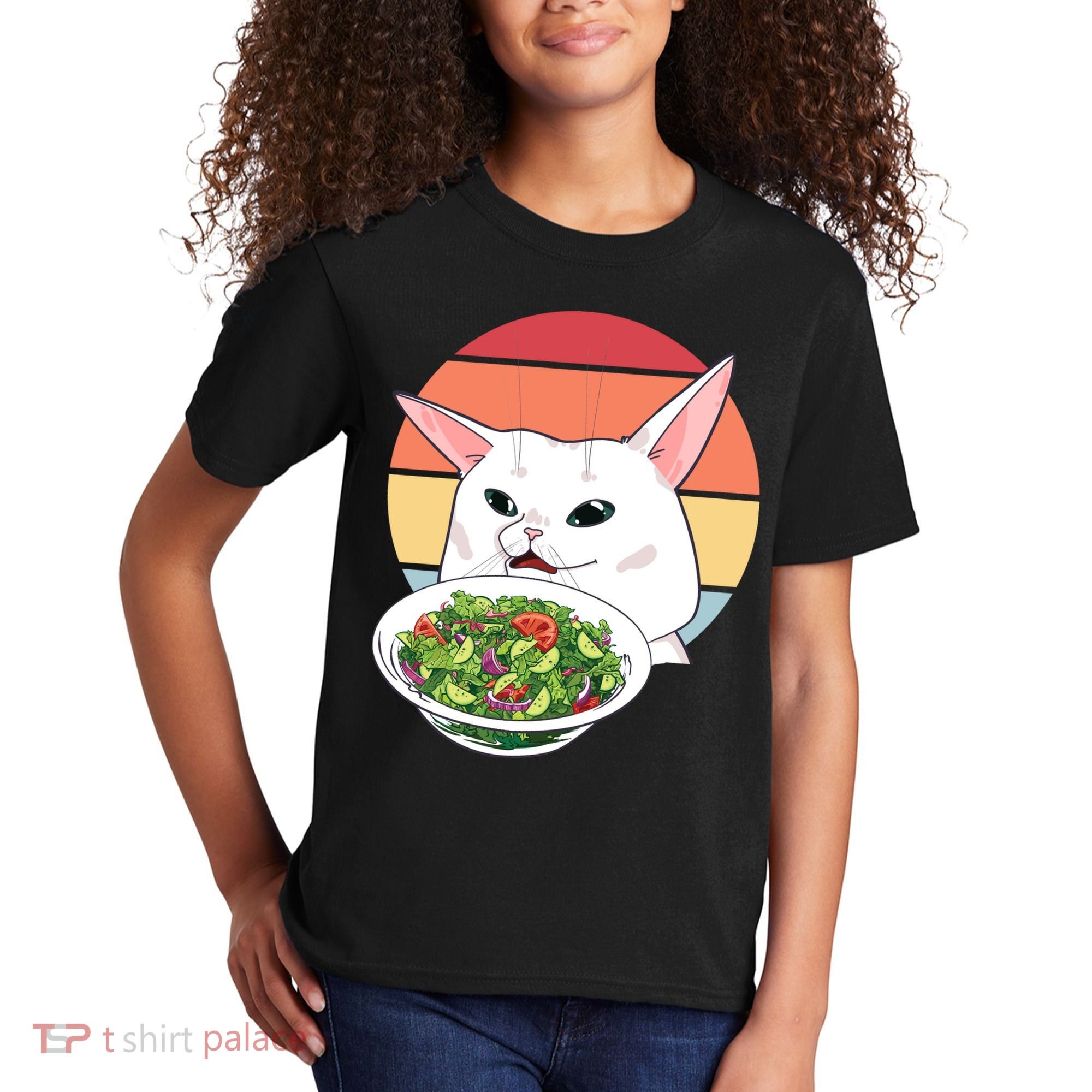 Retro Confused Cat At Dinner Table Meme Kids T-Shirt