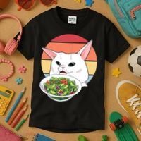 Retro Confused Cat At Dinner Table Meme Kids T-Shirt thumb 3
