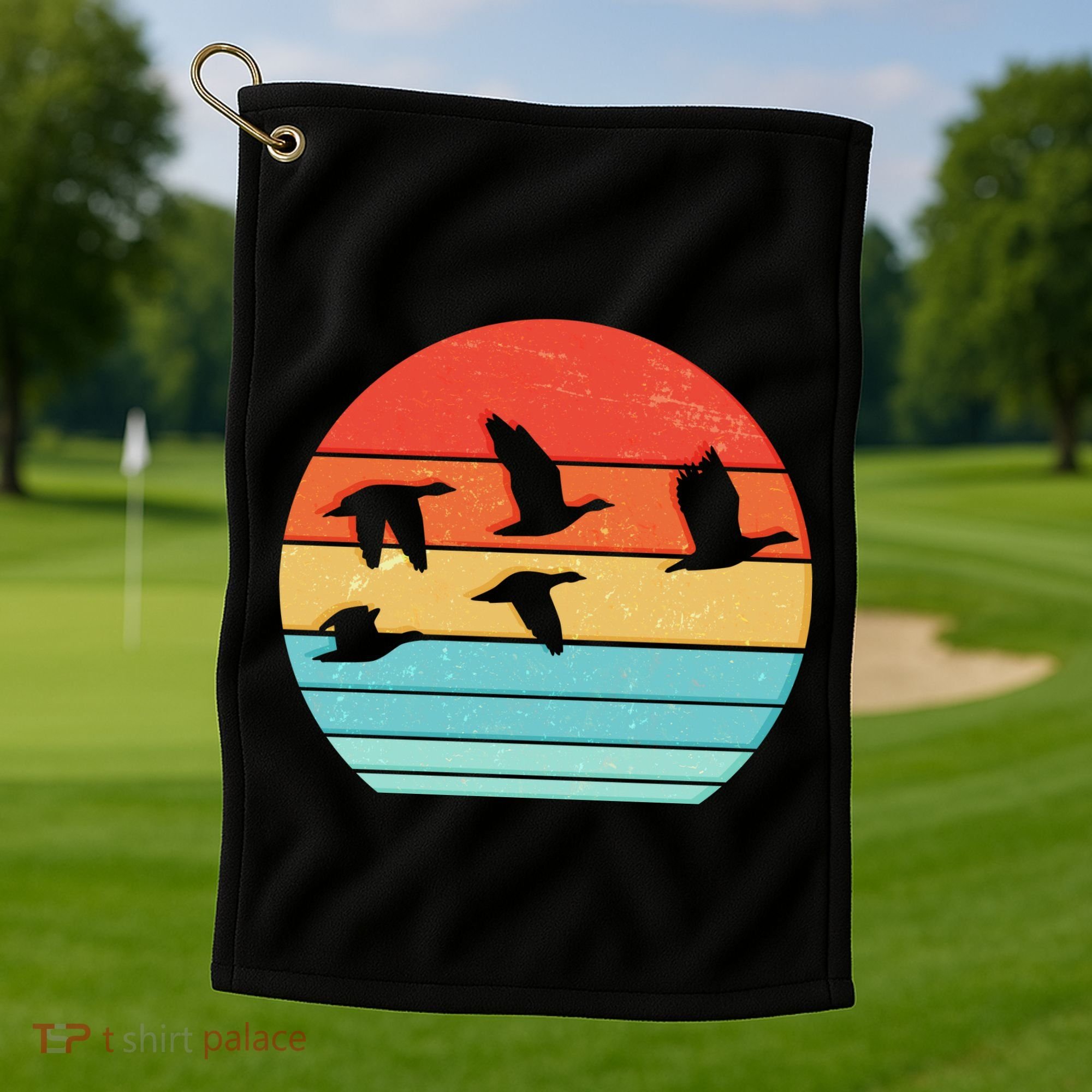 Retro Duck Hunting Sunset Golf Towel