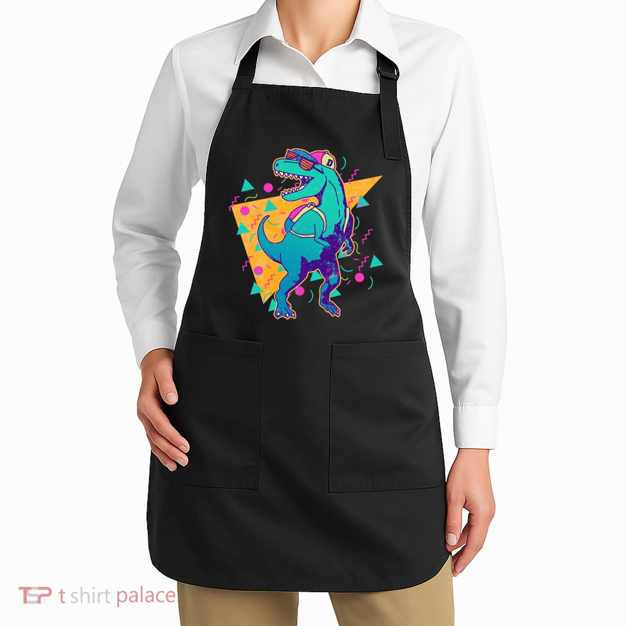 Retro Eighties Nineties Back to School TRex Dinosaur Apron