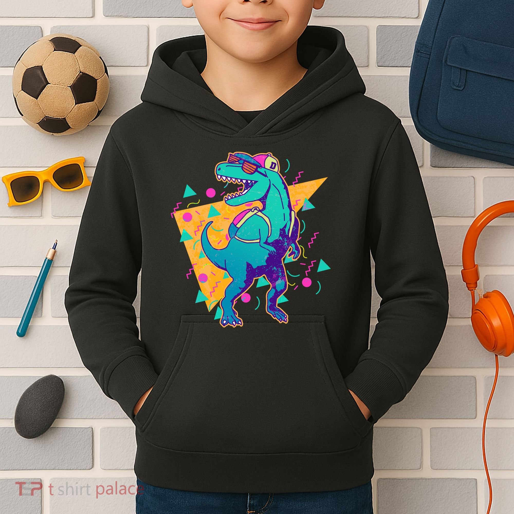 Retro Eighties Nineties Back to School TRex Dinosaur Kids Hoodie