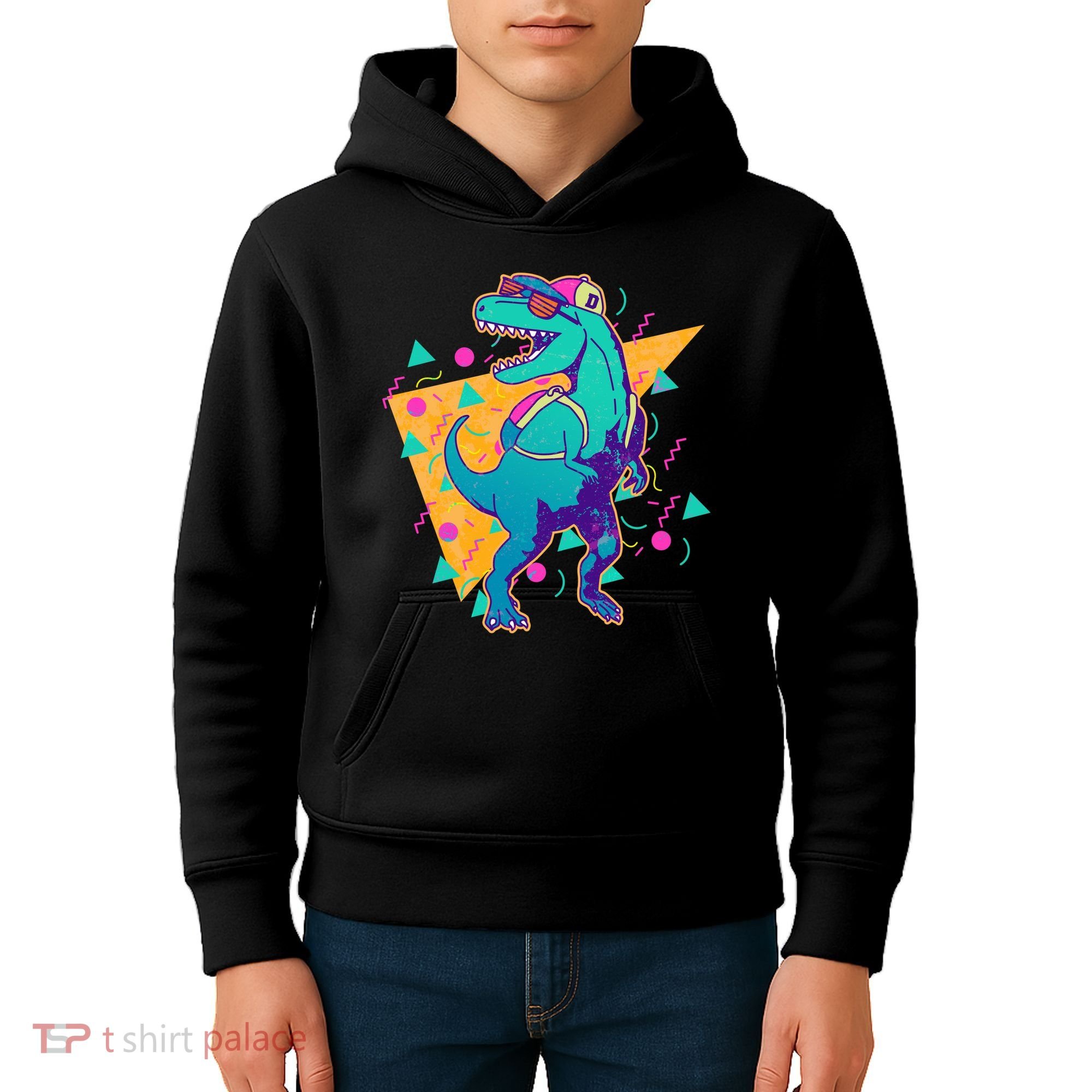 Retro Eighties Nineties Back to School TRex Dinosaur Kids Hoodie