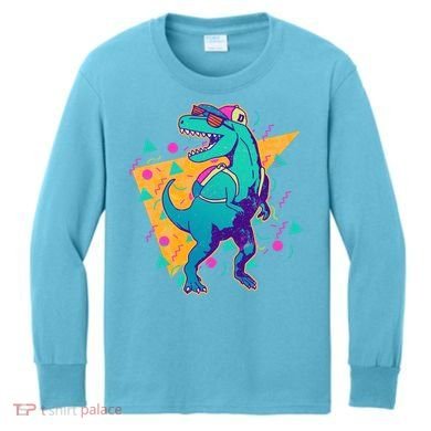 Retro Eighties Nineties Back to School TRex Dinosaur Kids Long Sleeve Shirt
