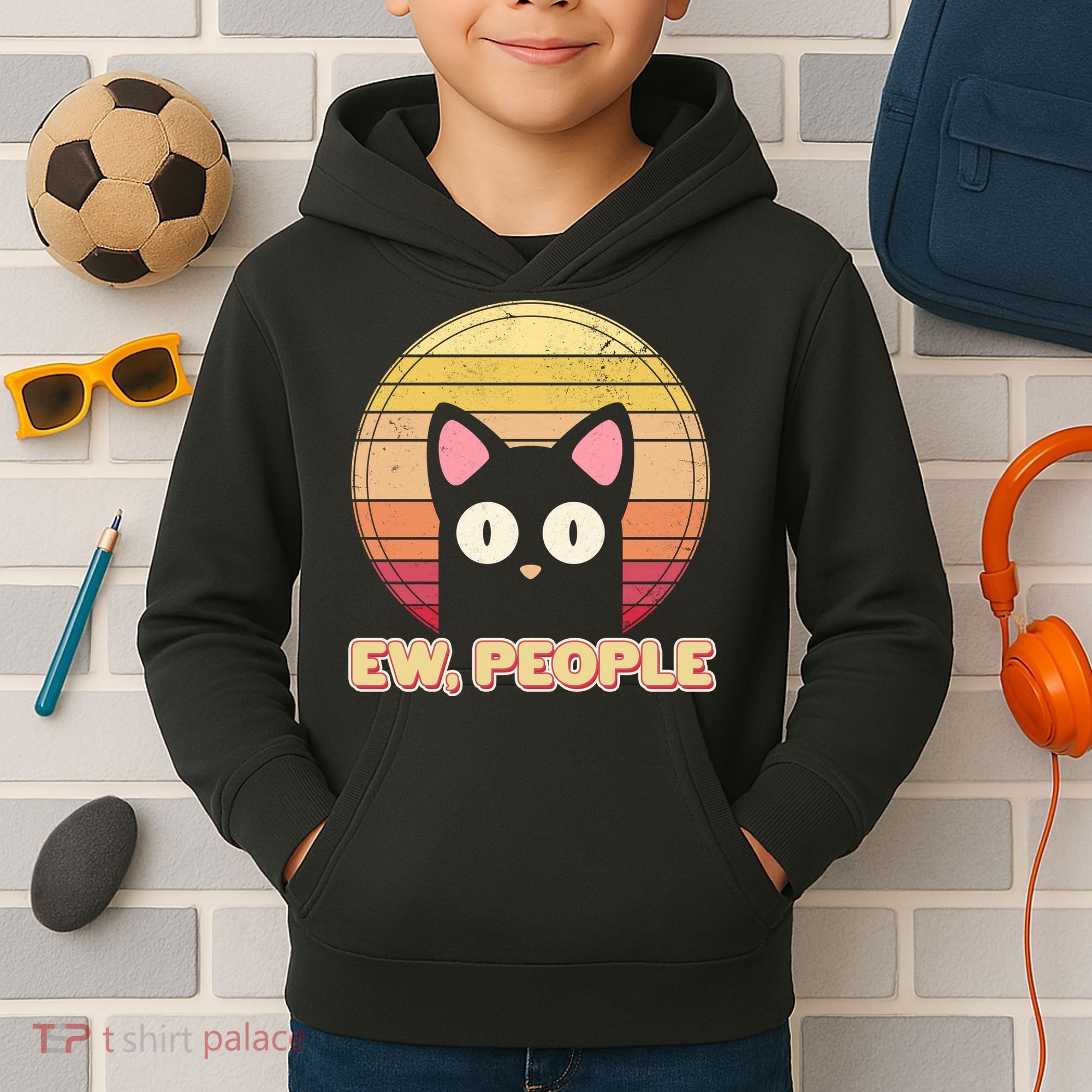 Retro Ew People Funny Cat Kids Hoodie