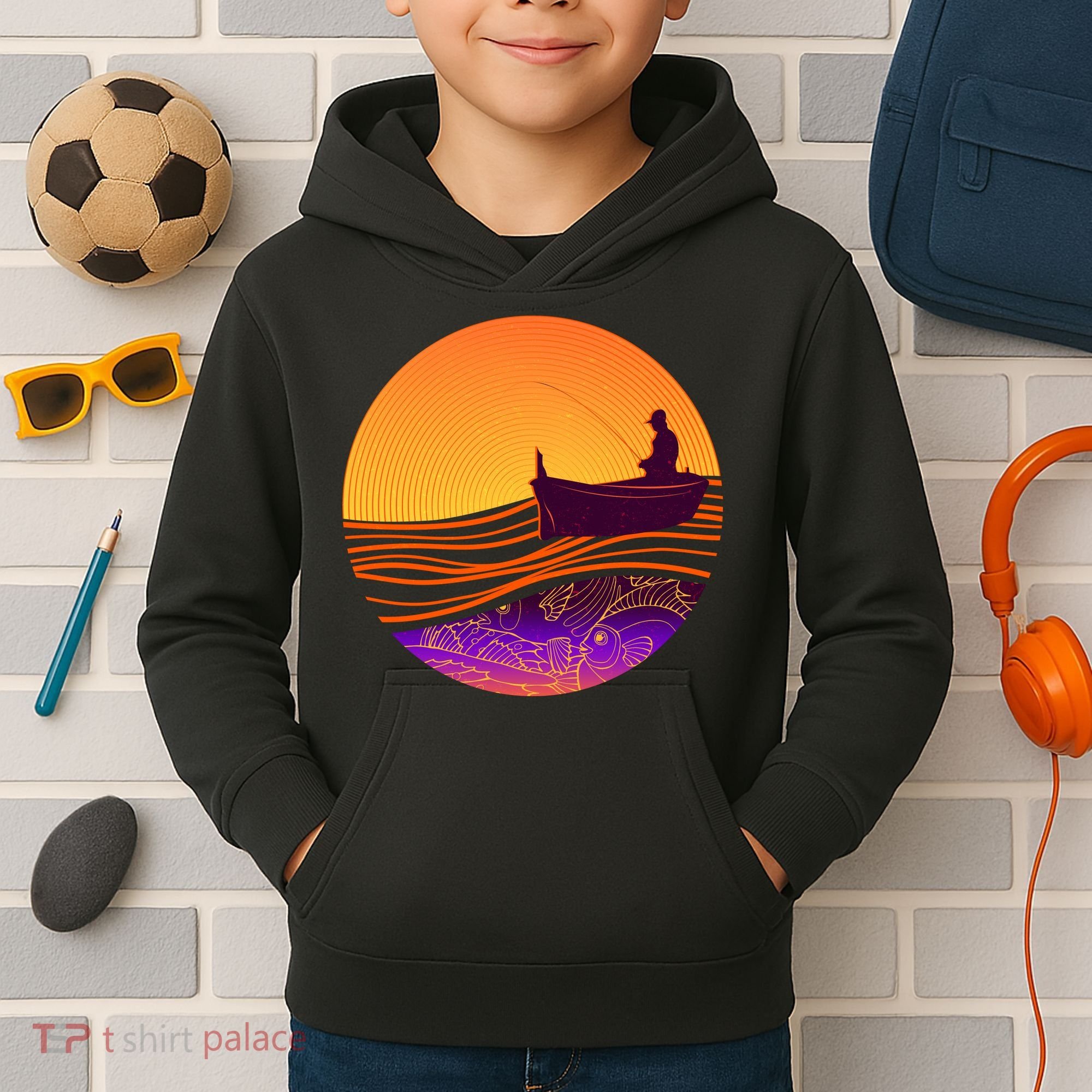 Retro Fisherman Boat Emblem Kids Hoodie