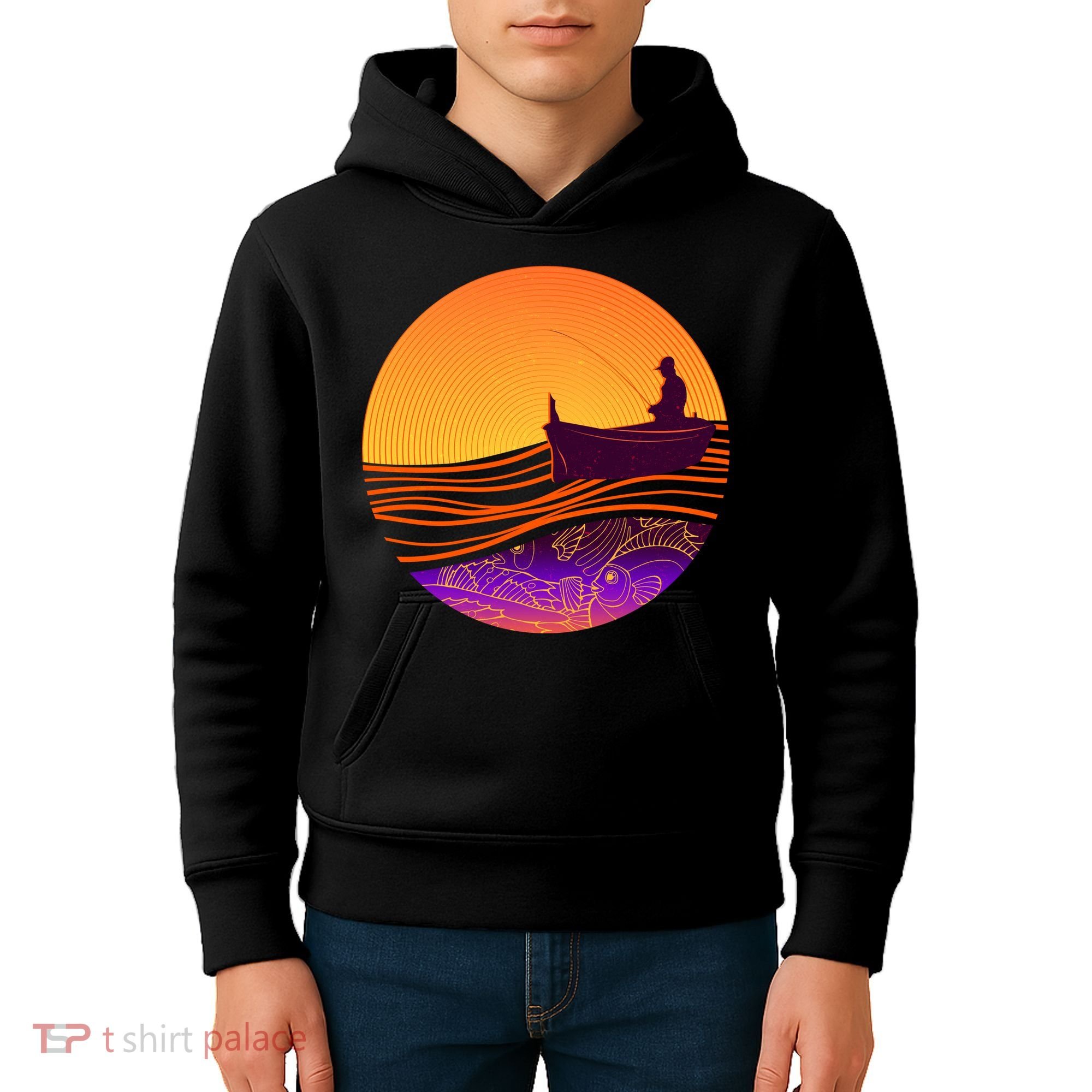 Retro Fisherman Boat Emblem Kids Hoodie