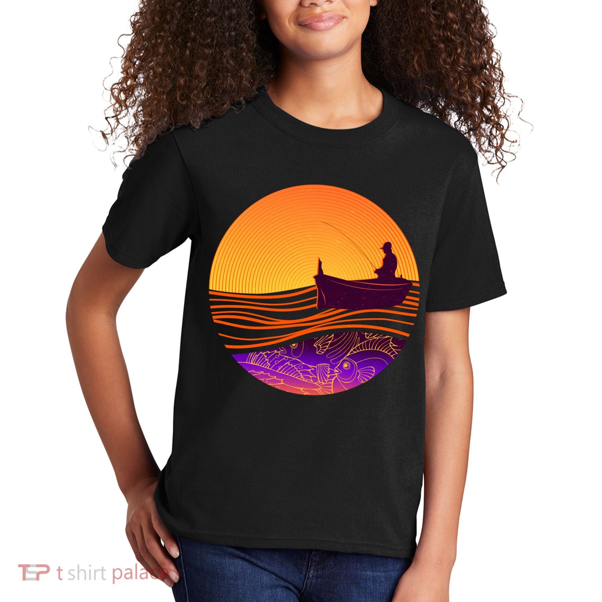 Retro Fisherman Boat Emblem Kids T-Shirt