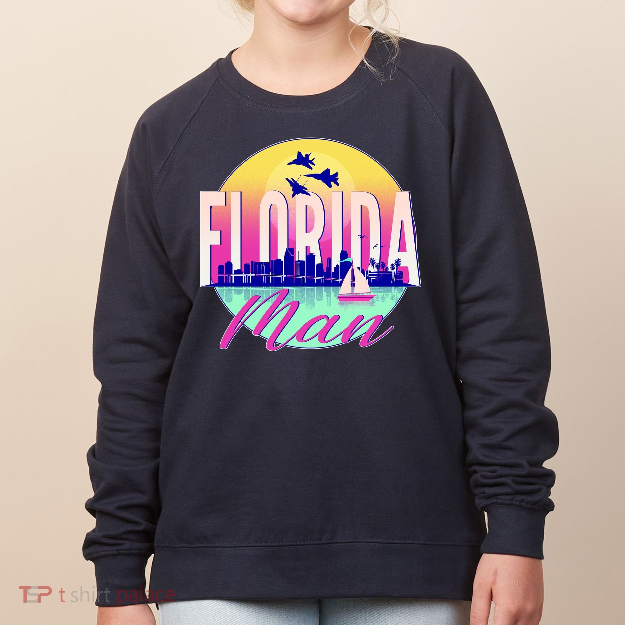 Retro Florida Man Miama Skyline with Fighter Jets Women's Sweatshirt