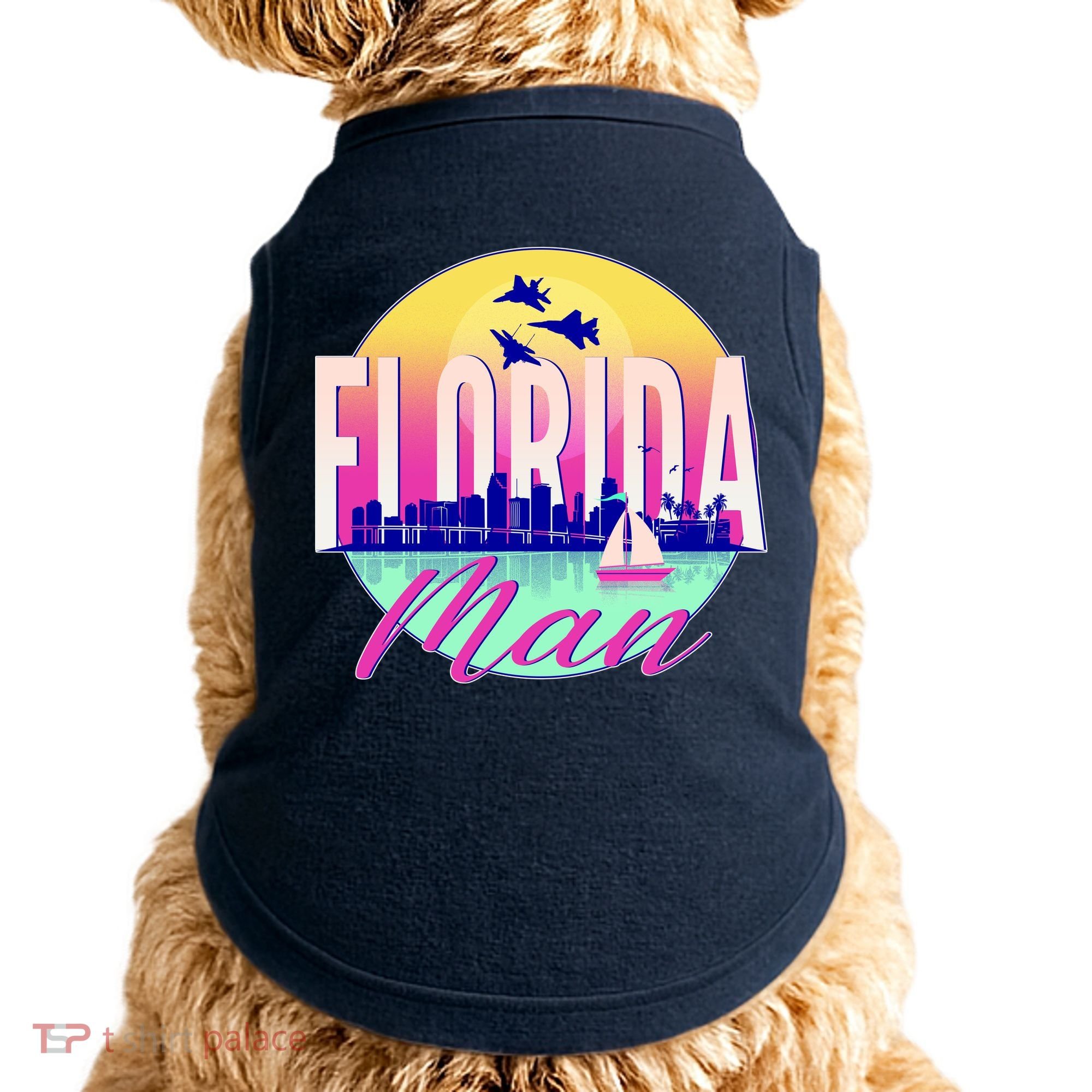 Retro Florida Man Miama Skyline with Fighter Jets Doggie Tank